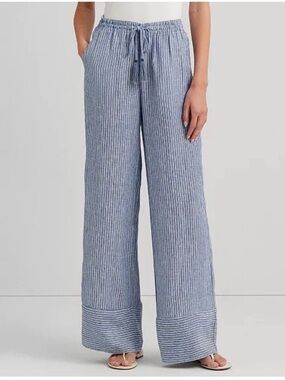 Ralph Lauren Striped Wide-Leg Drawstring Pants in Light Blue